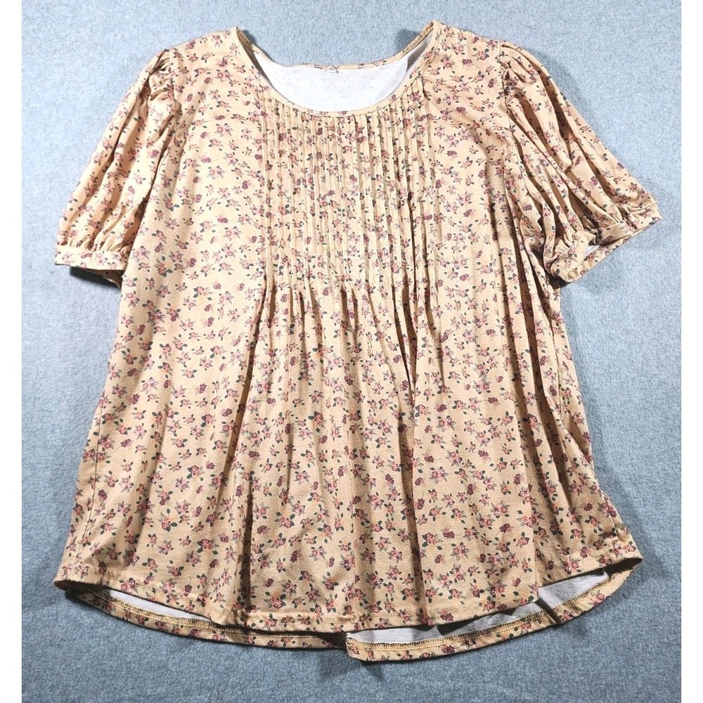 Boutique Women's Shirt, Beige Floral Pattern, 3XL, Capped Sleeves, Pleated Front